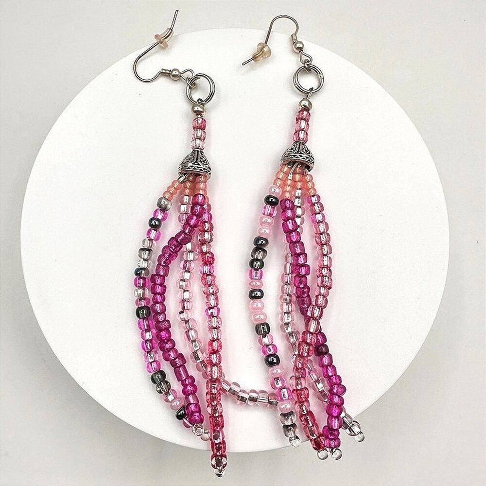 Vintage Y2K Beaded Tassel Dangle Earrings Silver Tone Boho Statement Jewelry 90s